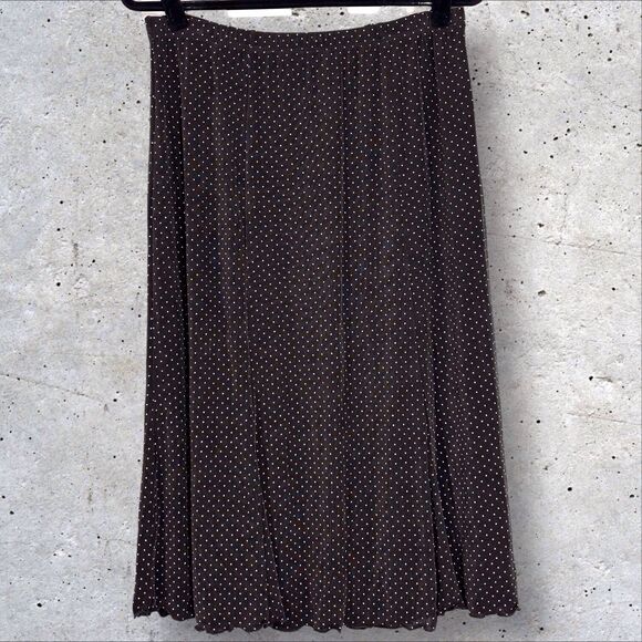 Chicos Travelers Size 2 A-Line Skirt Large Brown White Polka Dots Slinky Stretch - Picture 1 of 6